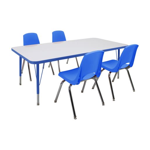 30" x 60" Rectangle Dry-Erase Activity Table with Standard Legs and 14" Stack Chairs with Swivel Glides, 5-Piece Set - White-Blue