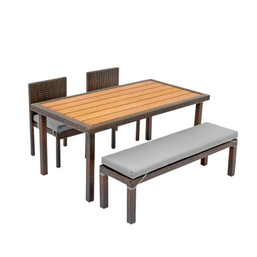 Excellerations® Outdoor Wicker Dining Set, 4-Piece Set with Table, Bench, and 2 Chairs (Preschool Height)