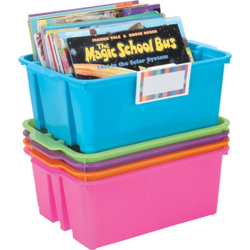 Classroom Stacking Bins With Universal Label Holders - 5-Pack, Neon