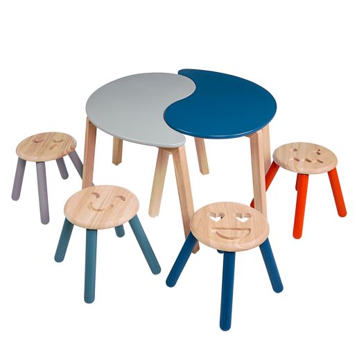 Excellerations® Sustainably Harvested Rubber Wood Emotion Stools and Table - Set of 4 Emotion Stool and 2 Tables