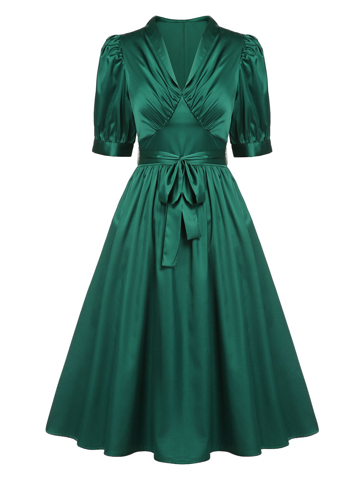 Retro Stage A-Line Cocktail Dress V-Neck Satin Swing Dress Emerald Green,S