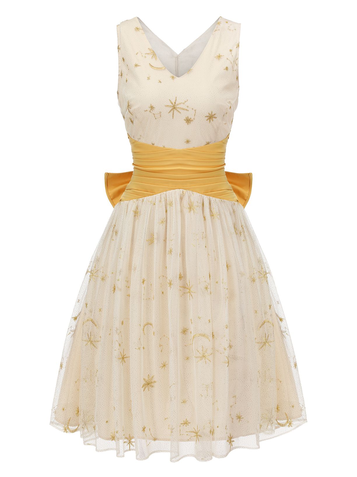 Retro Stage Bowkont Mesh Patchwork Swing Dress - Yellow-M