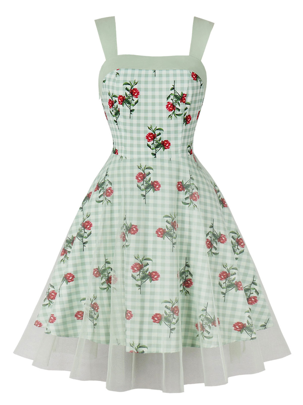 1950s Green Plaid Floral Mesh Patchwork Swing Dress,S