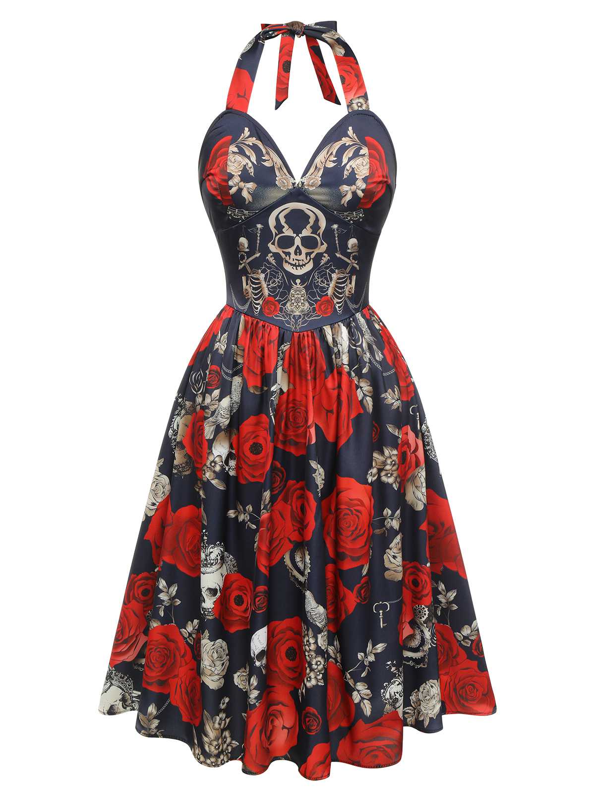 Halloween Sweetheart Skeleton Rose Swing Dress Black & Red,XL
