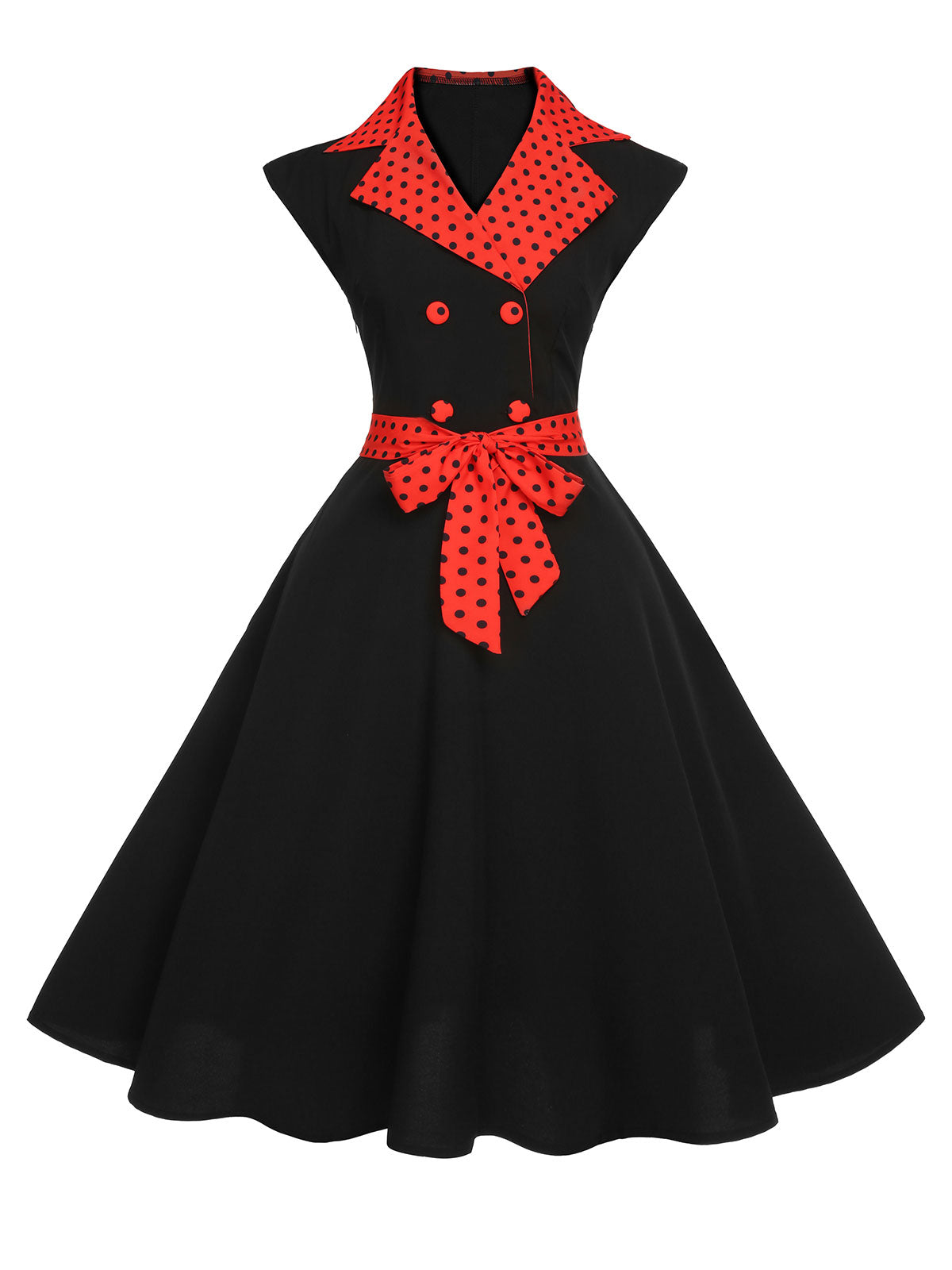 1950s Shirt-Neck Polka Dots Swing Dress Black & Red, XL