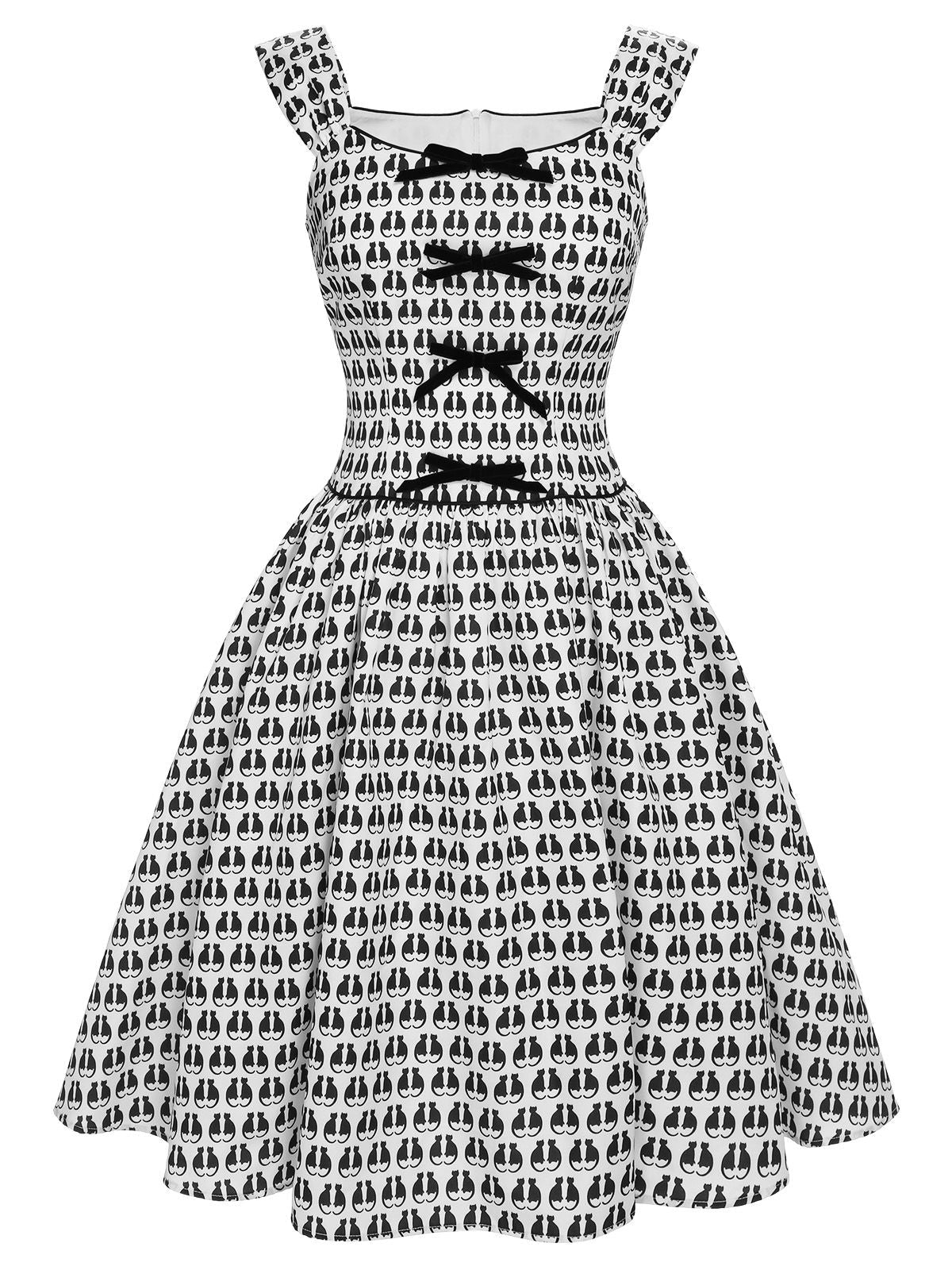 Halloween 1950s Cat Print Fron-Bow Swing Dress White,L