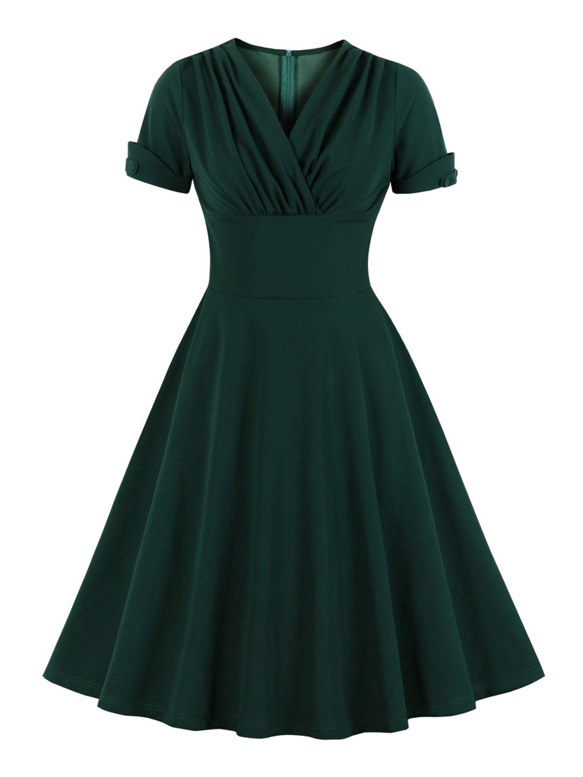 Plus Size 1950s V-Neck Solid Swing Dress Dark Green,1X