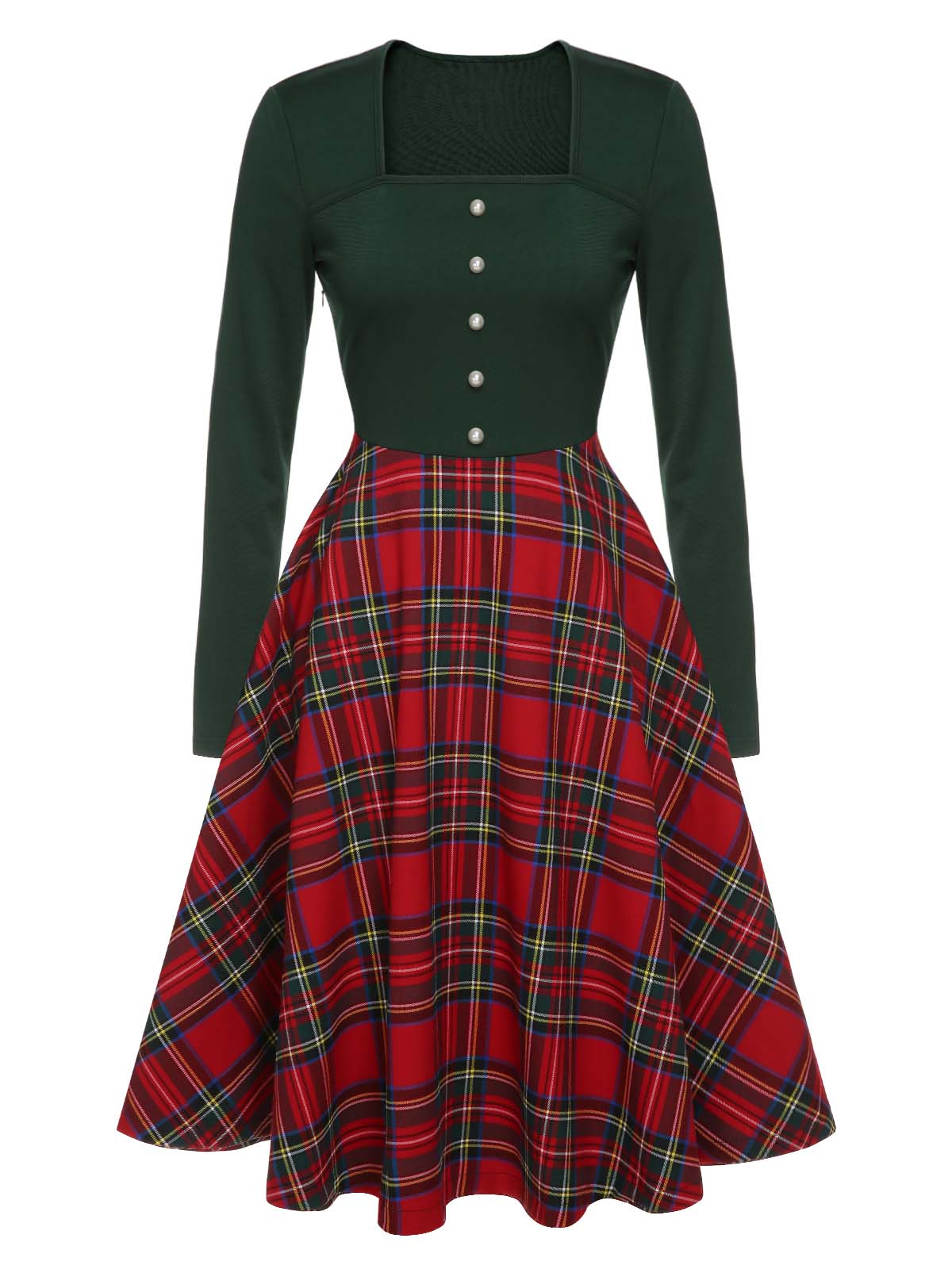 Christmas Plaids Long Sleeve Swing Dress Green & Red,M
