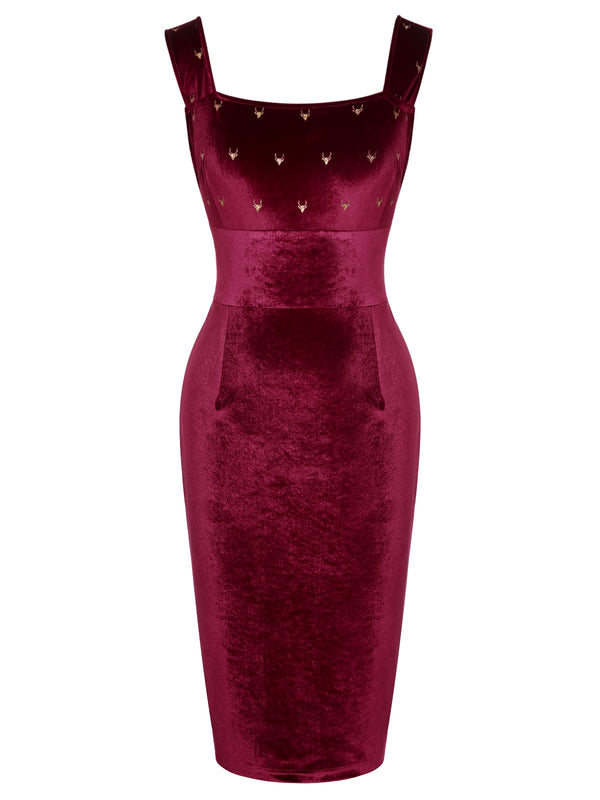 Women's Velvet Square Neck Elk Back-Bow Sheath Dress Wine Red | Size XXL