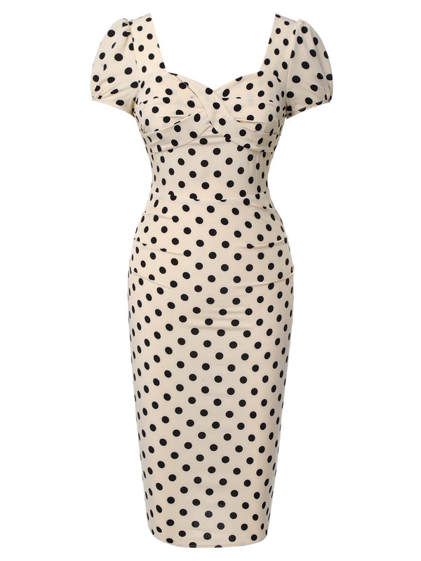 Retro Stage Square Neck Polka Dot Bodycon Midi Dress Cream
