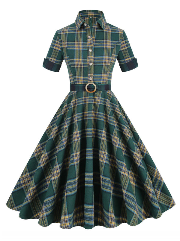 Women's Vintage Dress Green Plaid A-Line Lapel Short Sleeves 1950s Swing Dress with Belt,S