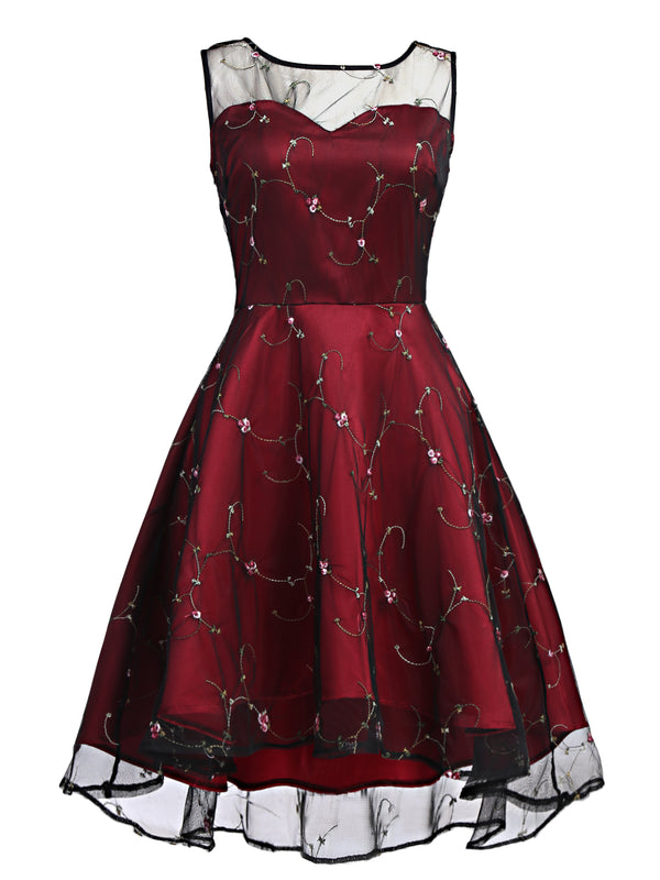 Retro Stage Hi-Lo A-Line Cocktail Lace Floral Dress Wine Red,XL