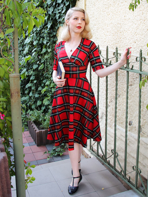 Red Tartan Plaid Swing Dress | Size L