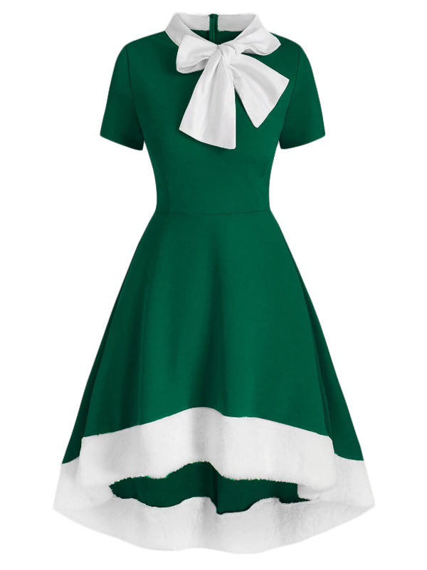 Christmas Bowknot Collar Swing Dress Green,XXL