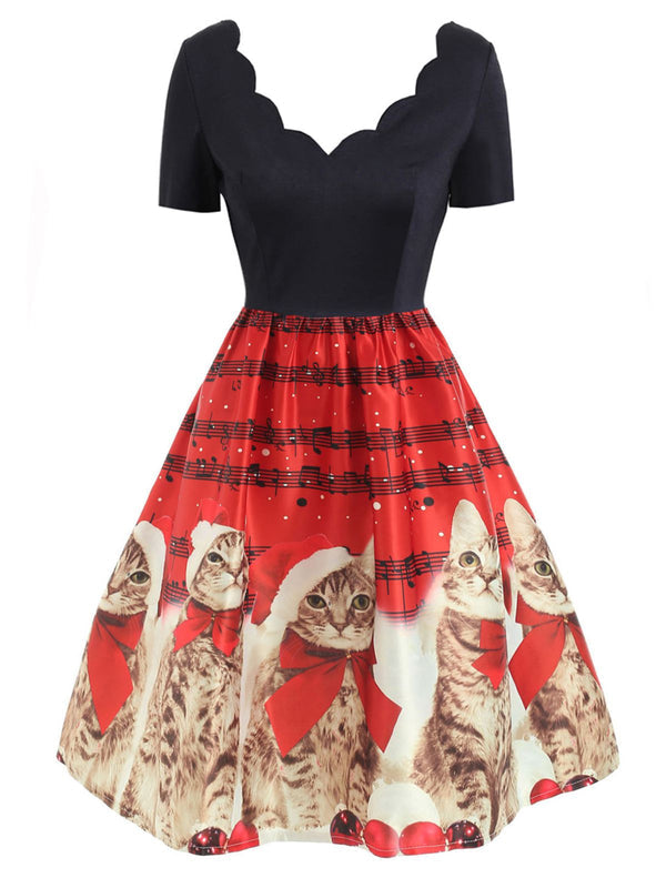 Christmas Kitty Patchwork Swing Dress Red & Black,M
