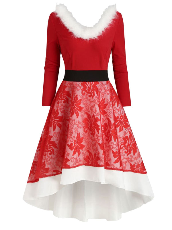 Christmas Furry Patchwork Swing Dress Red,S