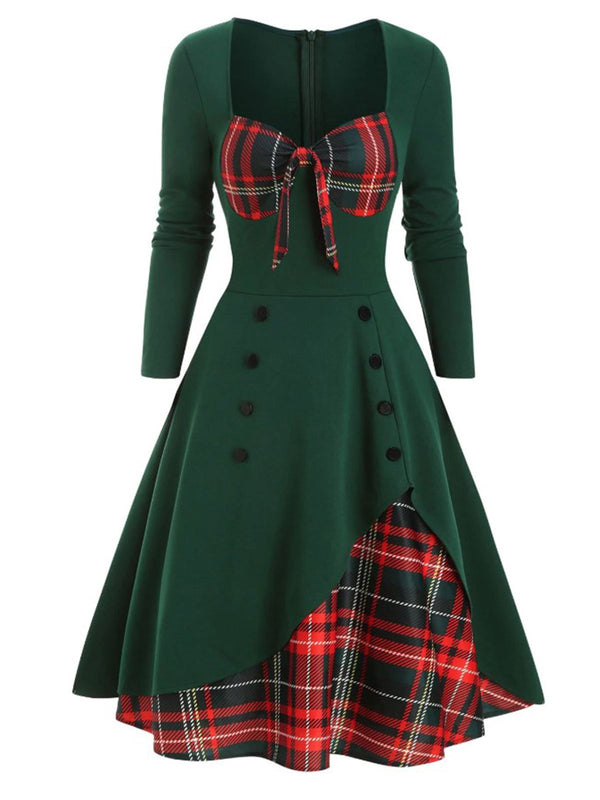 Vintage Sweetheart Plaid Patchwork Swing Dress Green & Red,M