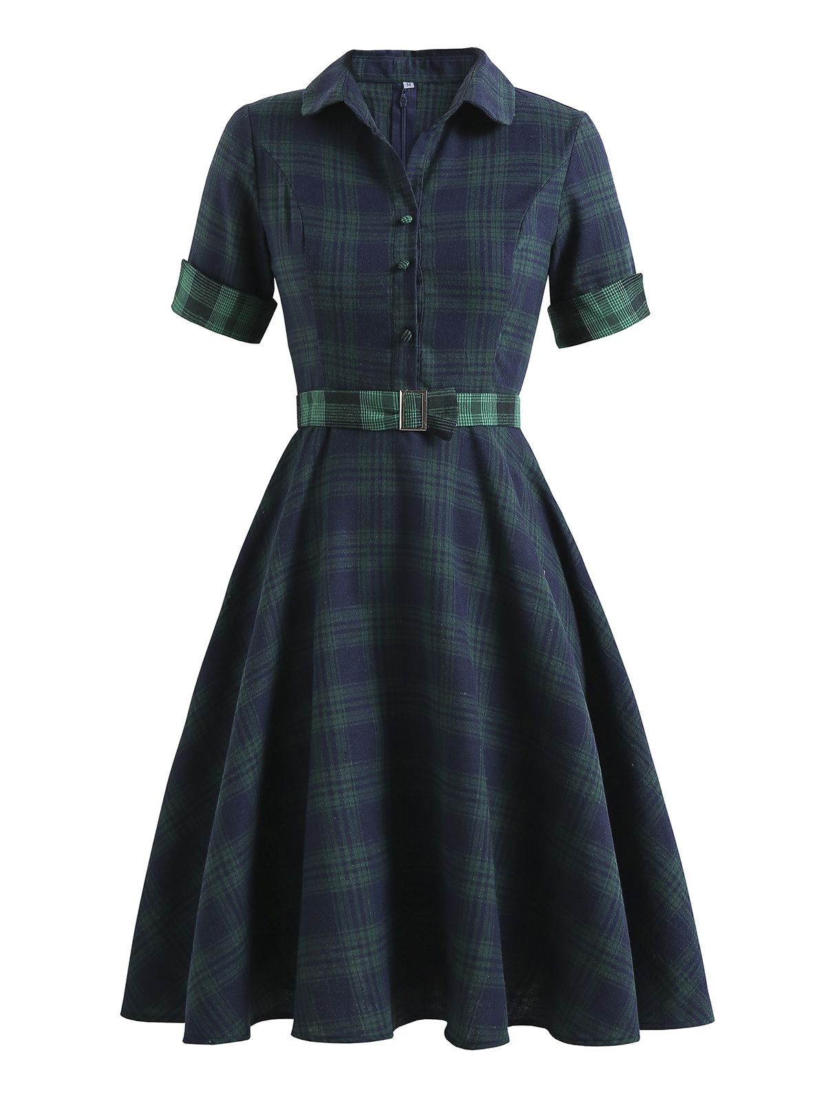Women's Vintage Dress Green Plaid A-Line V-Neck Short Sleeves 1950s Swing Dress with Belt, Green - XXL