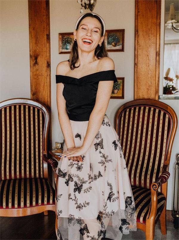 A-ine Cocktail Off-shoulder Lace Butterfly Swing Dress Black,S