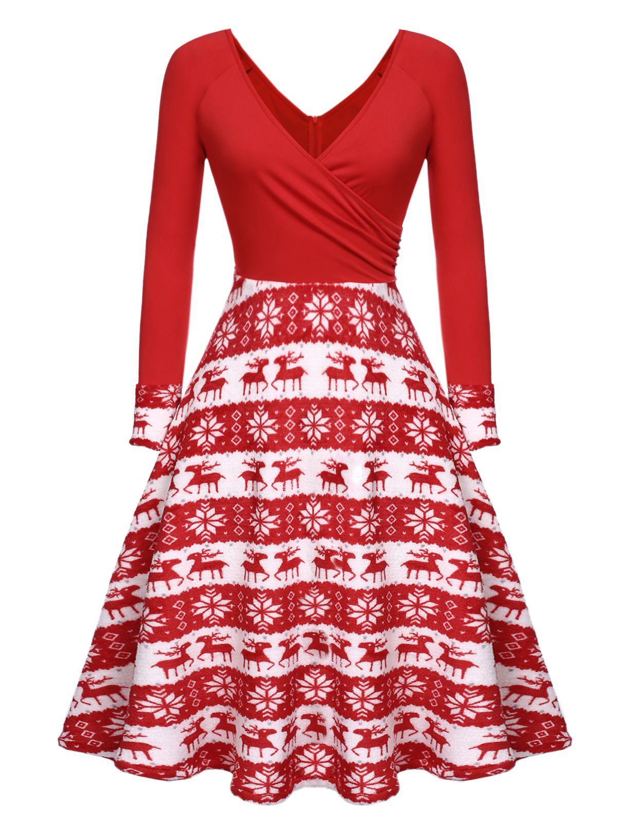 Christmas Elk Patchwork Swing Dress Red,M