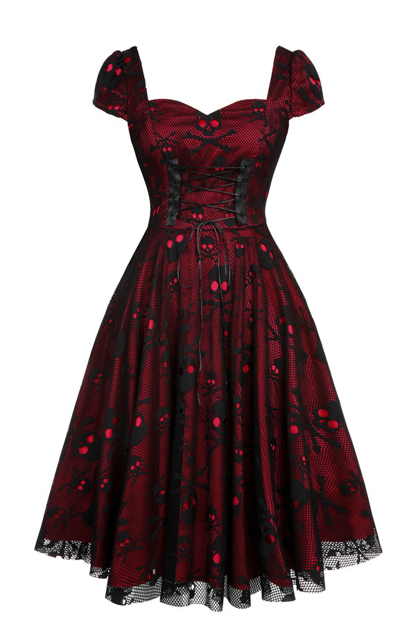 Halloween Skull Mesh Swing Dress Wine Red,M