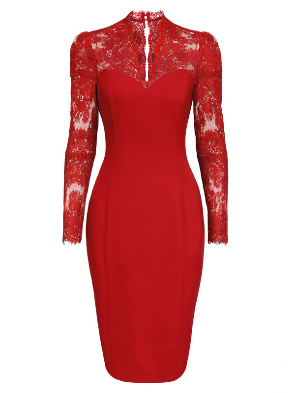 Retro Stage Sheath Column Cocktail Dresses Holiday Party Dress Knee Length V-Neck lace Wine Red,Size:L