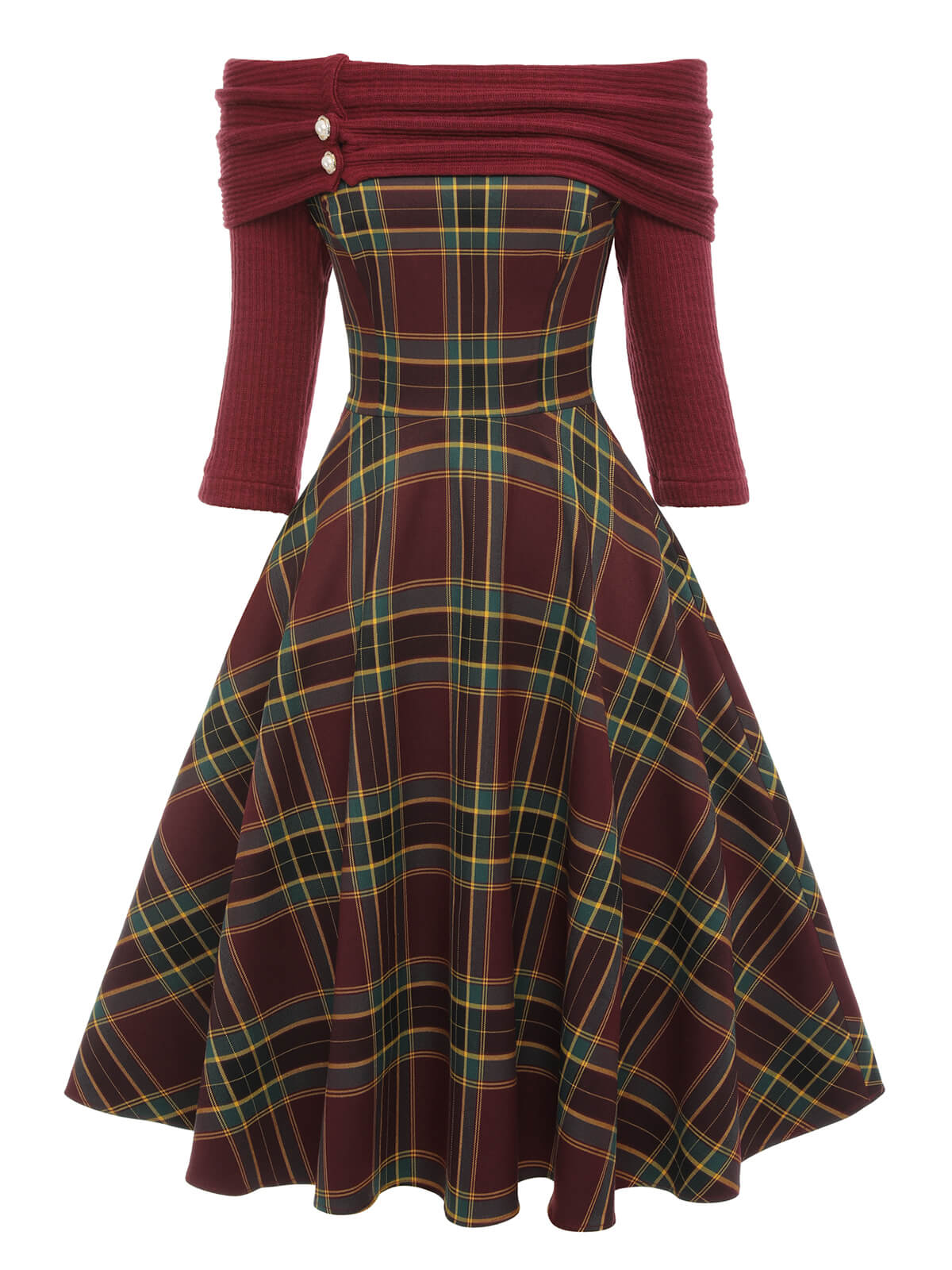 Retro Stage 1950s Plaids Off-Shoulder Swing Dress Red,S