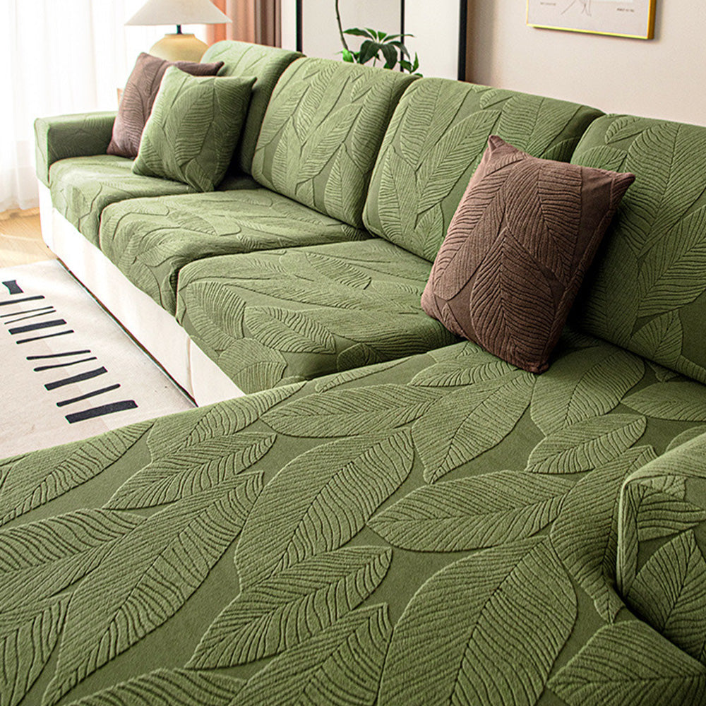 Modern Leaf Jacquard Waterproof Anti-Scratch Stretch Full Wrap Couch Cover, Green - Seat Cover-XL(1 pc)