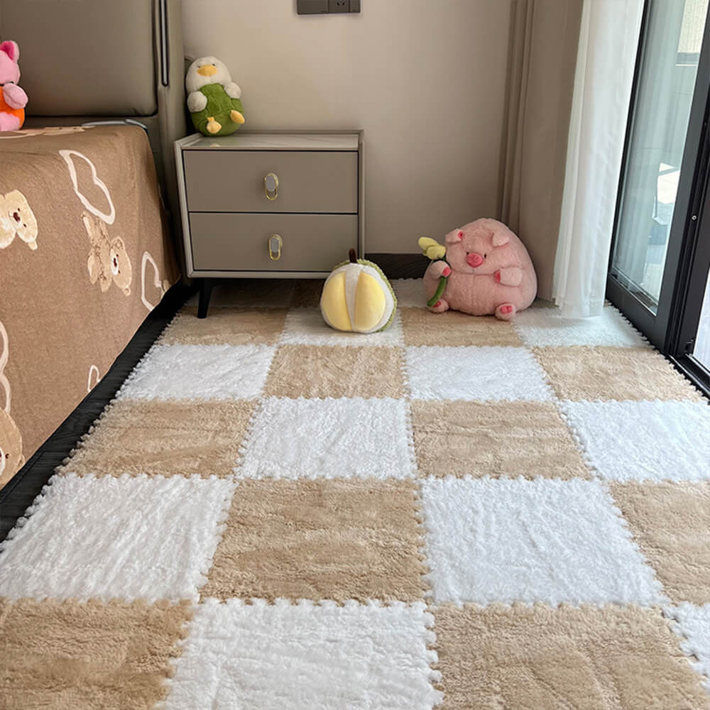 Checkerboard Soft Protective Floor Puzzle Play Mats Kids' Rug, White and Almond - 1' x 1'-2 Pcs