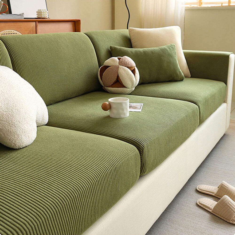 Vertical Stripe Corduroy Anti-Scratch Stretch Full-Cover Couch Cover, Green - Seat Cover-S(1 pc)