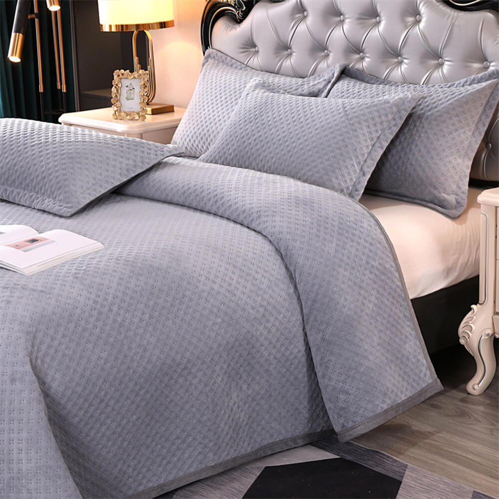 Waffle Milk Fleece Warm Quilted Bedspread Set, Grey - Pillowcase（2Pcs）