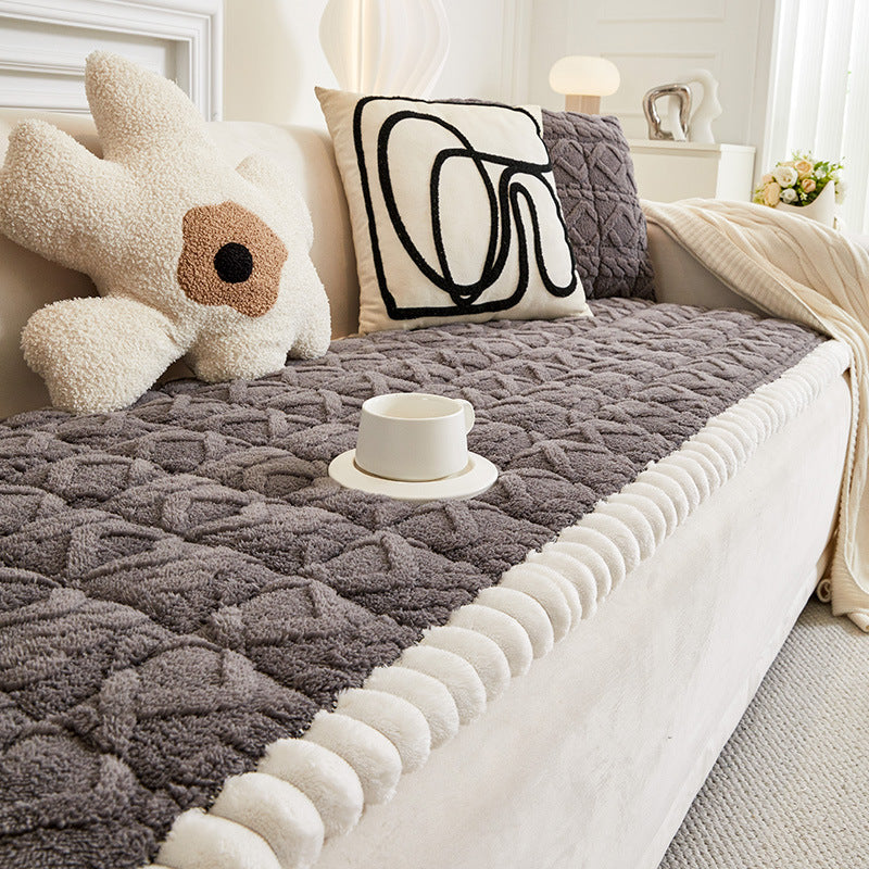 Soft Plush Plaid Square Furniture Protector Anti-Slip Couch Cover, Grey - 27.56"W x 82.68"L