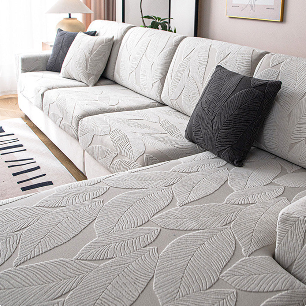Modern Leaf Jacquard Waterproof Anti-Scratch Stretch Full Wrap Couch Cover, Light Grey - Seat Cover-M(1 pc)