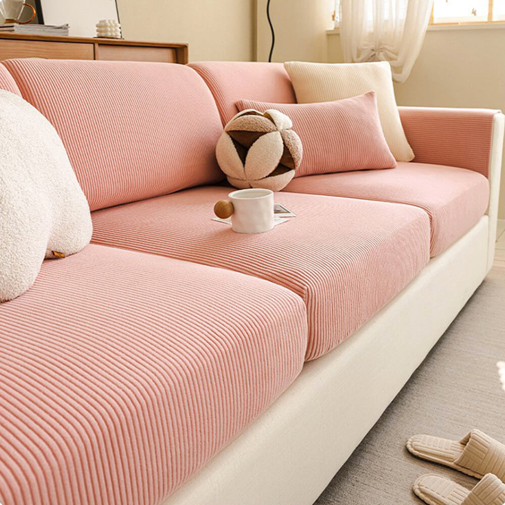 Vertical Stripe Corduroy Anti-Scratch Stretch Full-Cover Couch Cover, Pink - Seat Cover-XL(1 pc)