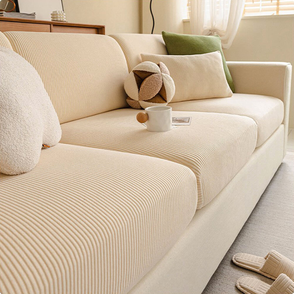 Vertical Stripe Corduroy Anti-Scratch Stretch Full-Cover Couch Cover, Cream - Seat Cover-M(1 pc)