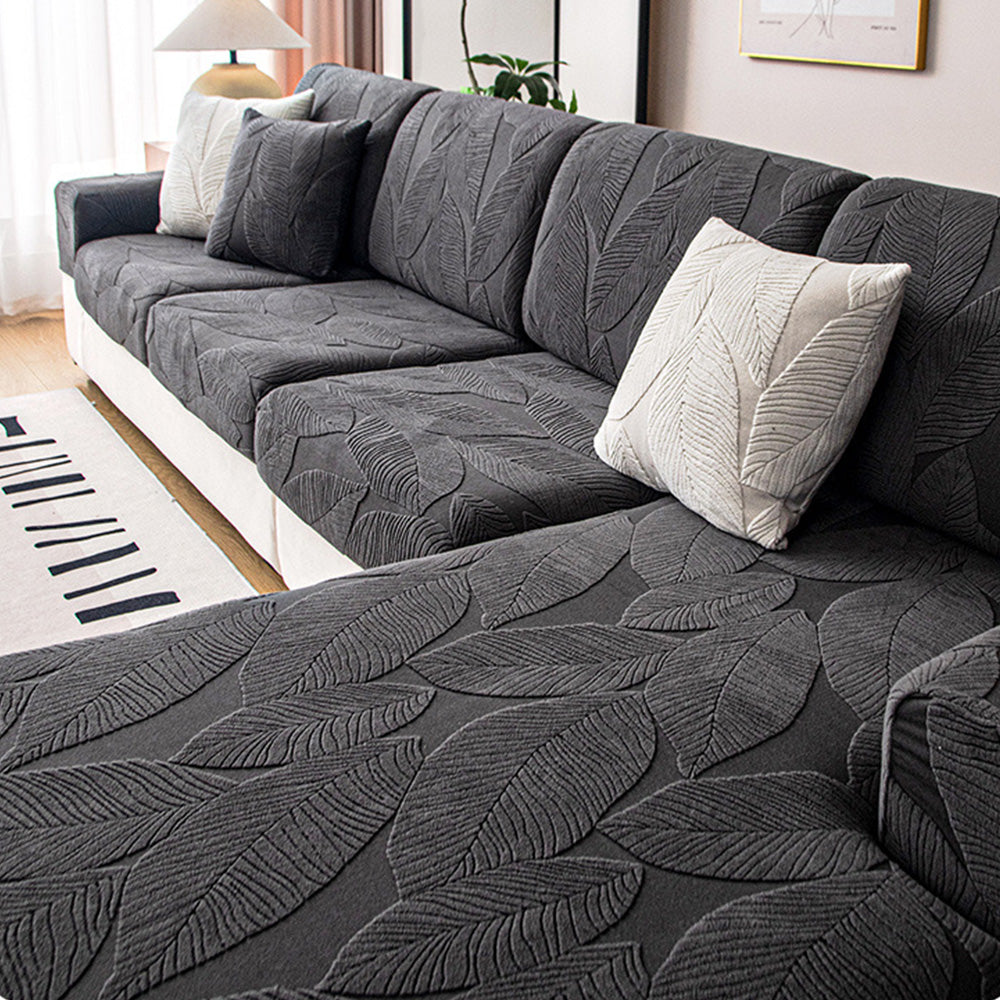 Modern Leaf Jacquard Waterproof Anti-Scratch Stretch Full Wrap Couch Cover, Dark Grey - Seat Cover-S(1 pc)