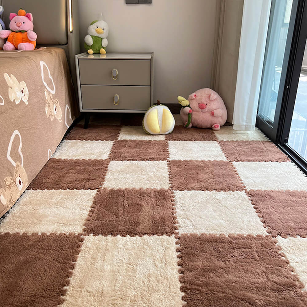 Checkerboard Soft Protective Floor Puzzle Play Mats Kids' Rug, Almond and Brown - 1' x 1'-2 Pcs