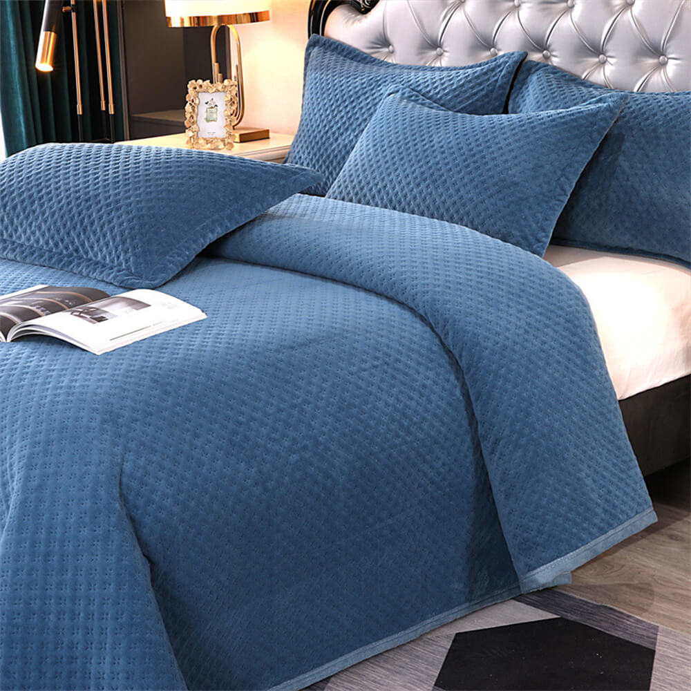 Waffle Milk Fleece Warm Quilted Bedspread Set, Navy Blue - Pillowcase（2Pcs）