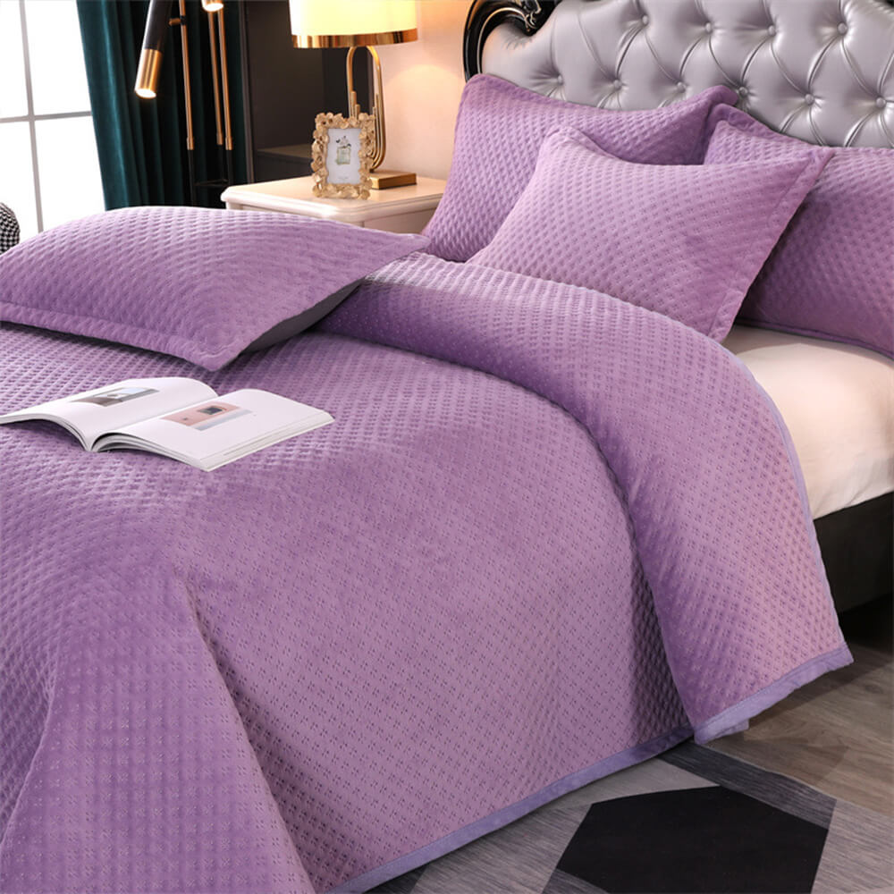 Waffle Milk Fleece Warm Quilted Bedspread Set, Purple - Pillowcase（2Pcs）