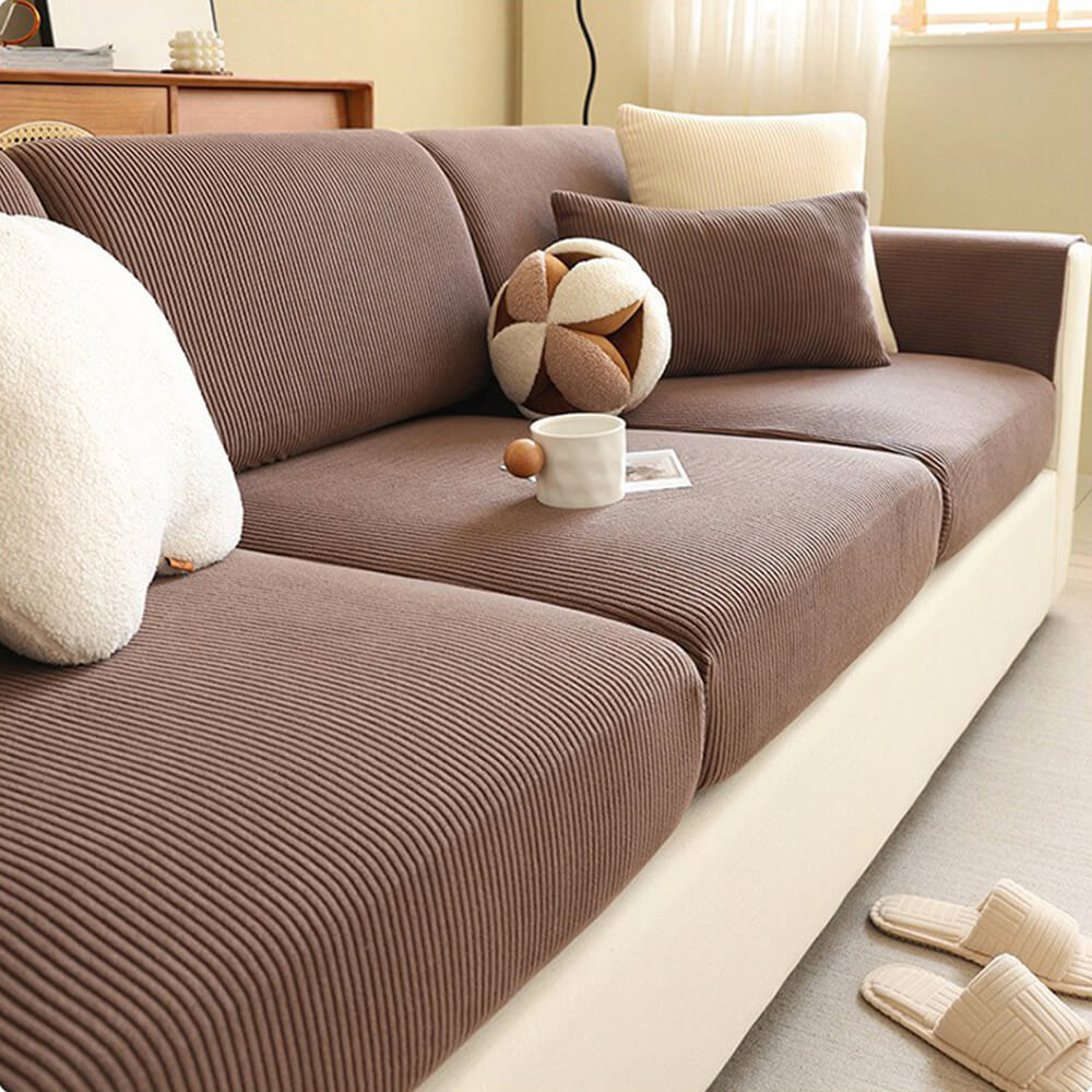 Vertical Stripe Corduroy Anti-Scratch Stretch Full-Cover Couch Cover, Brown - Seat Cover-S(1 pc)