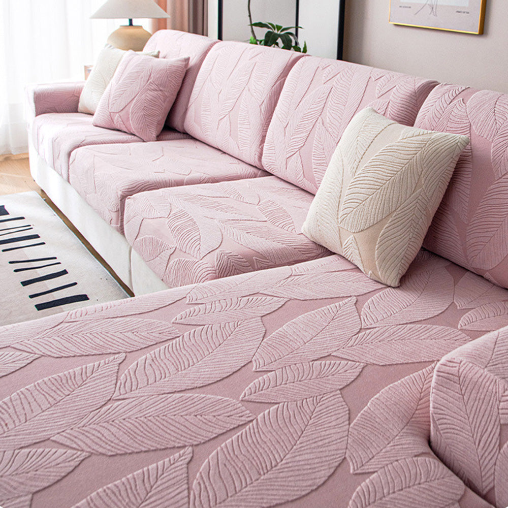 Modern Leaf Jacquard Waterproof Anti-Scratch Stretch Full Wrap Couch Cover, Pink - Seat Cover-L(1 pc)