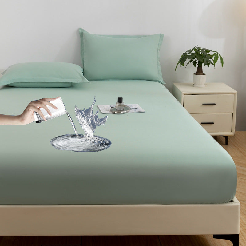 Classic Solid Brushed Double-Layer Waterproof Fitted Sheet Mattress Cover, Green - Pillowcase(2pcs)