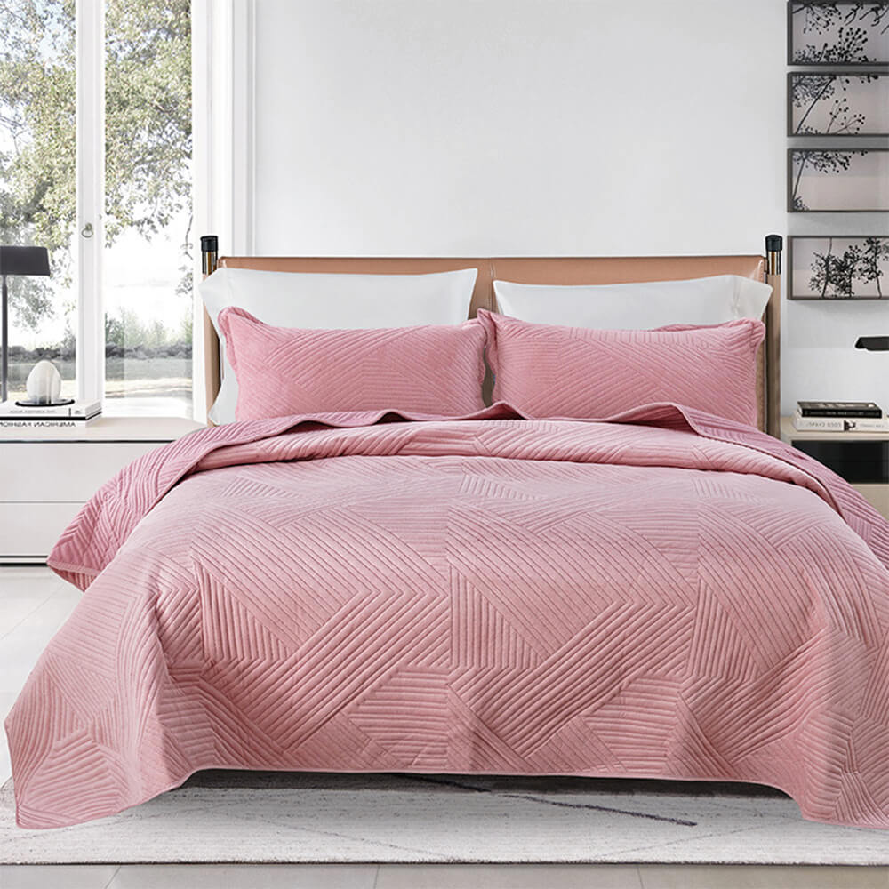 Casual Warm Geometric Quilted Crystal Velvet Bedspread, Pink - Pillowcase(2Pcs)