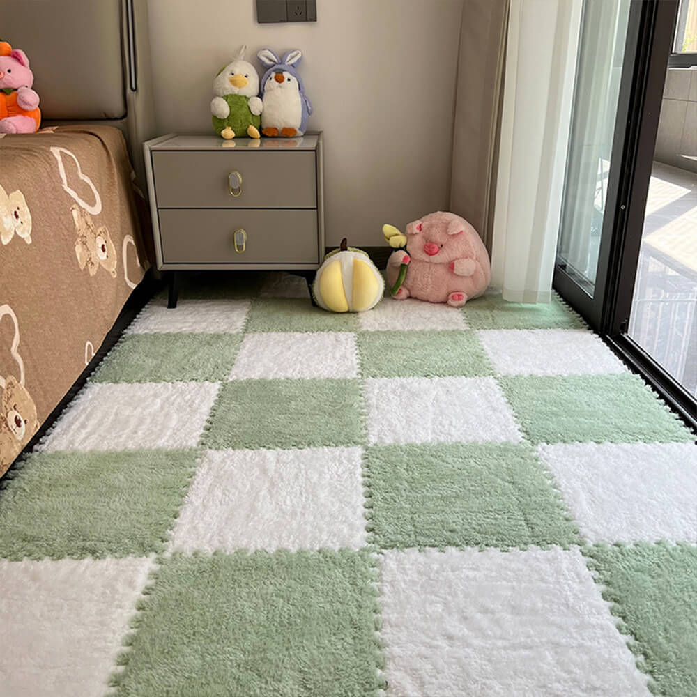 Checkerboard Soft Protective Floor Puzzle Play Mats Kids' Rug, White and Green - 1' x 1'-10 Pcs