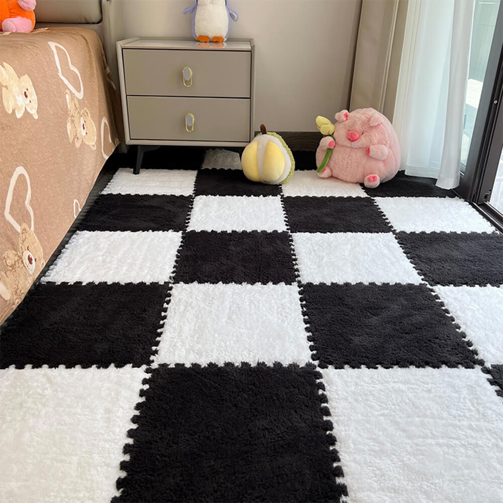 Checkerboard Soft Protective Floor Puzzle Play Mats Kids' Rug, White and Black - 1' x 1'-2 Pcs