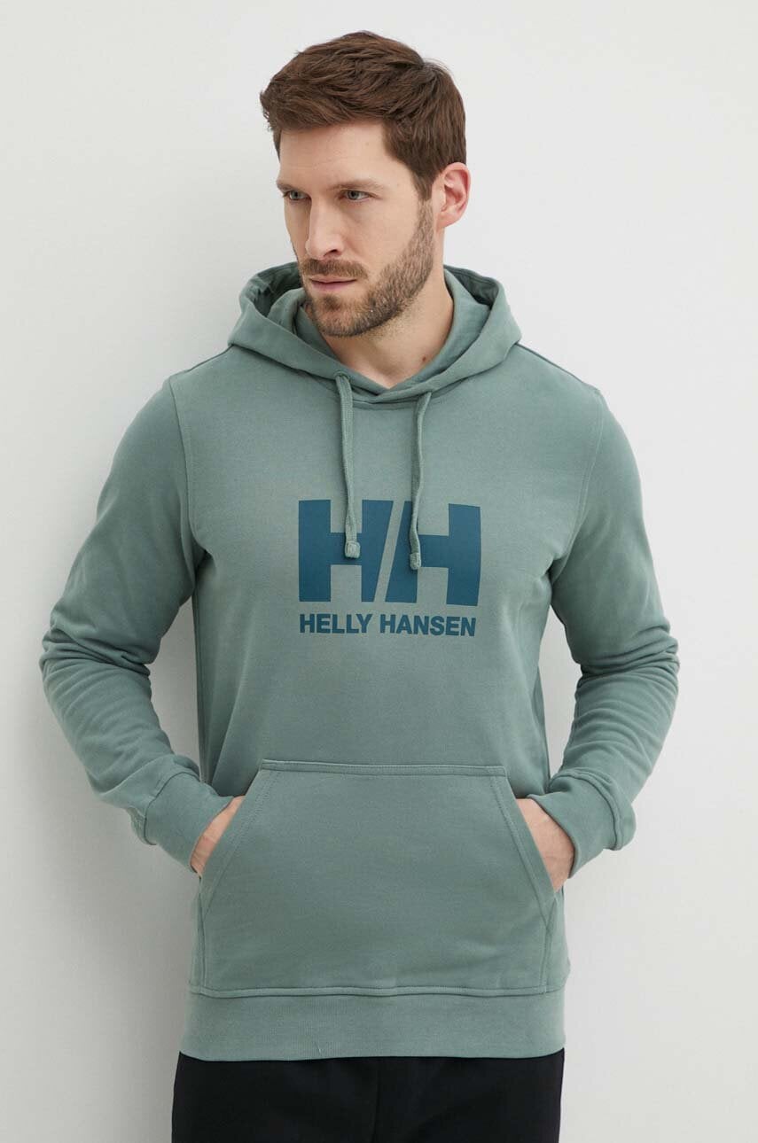 Pamučna dukserica Helly Hansen HH LOGO HOODIE za muškarce, boja: zelena, s kapuljačom, aplikacijom