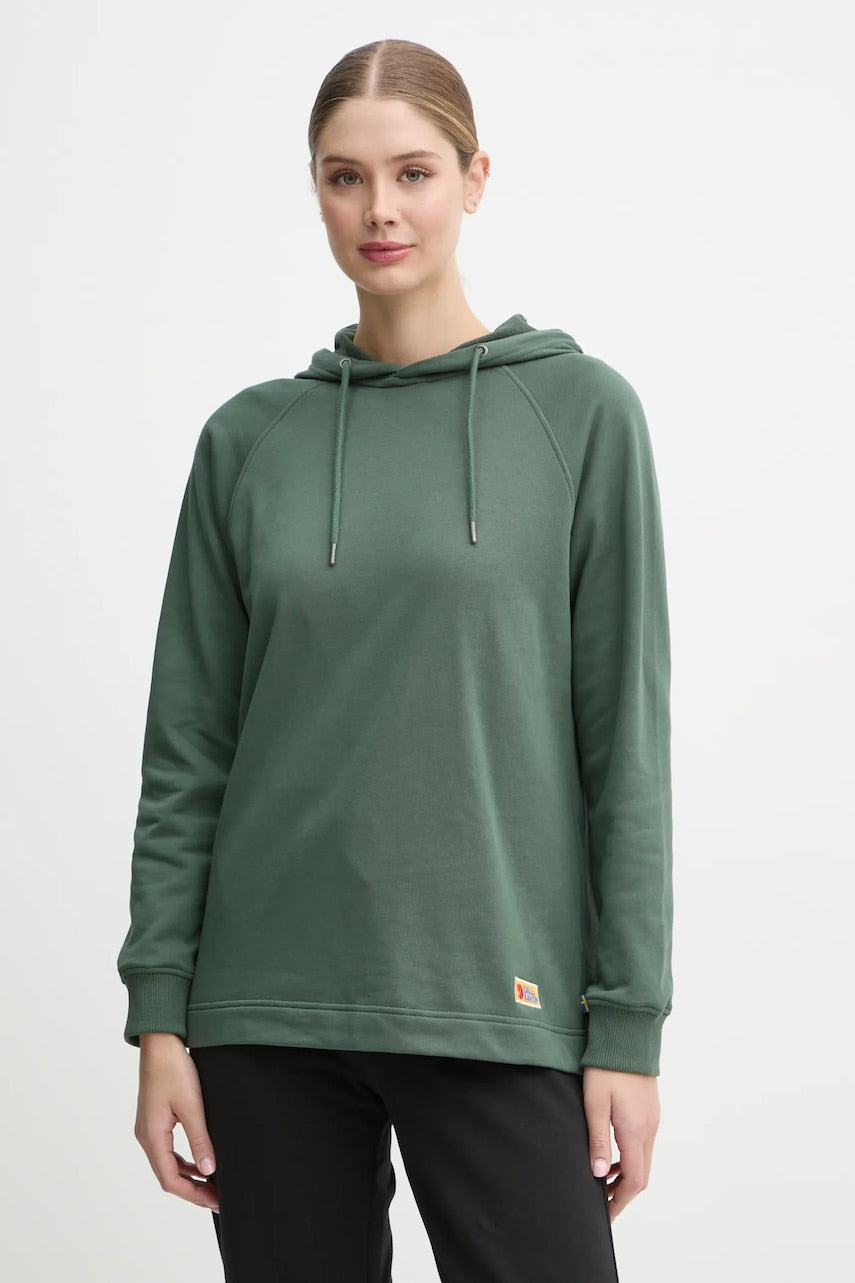 Bombažen pulover Fjallraven Vardag Hoodie W ženska, zelena barva, s kapuco, F86987.679