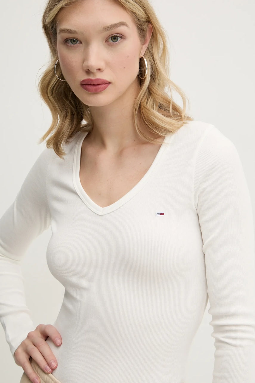 Majica dugih rukava Tommy Jeans za žene, boja: bež, DW0DW17990