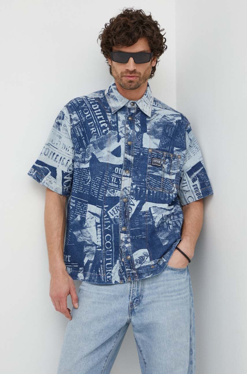 Košulja Versace Jeans Couture za muškarce, boja: tamno plava, relaxed, s klasičnim ovratnikom