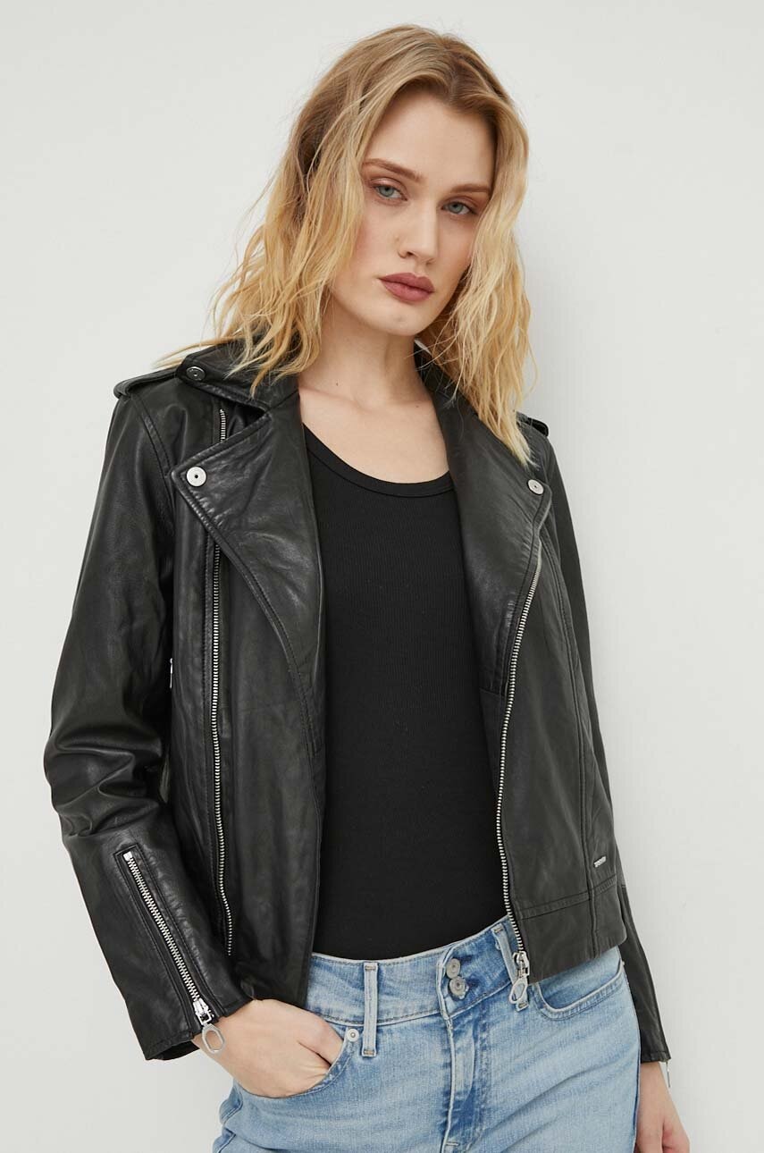 Usnjena biker jakna G-Star ženska, črna barva